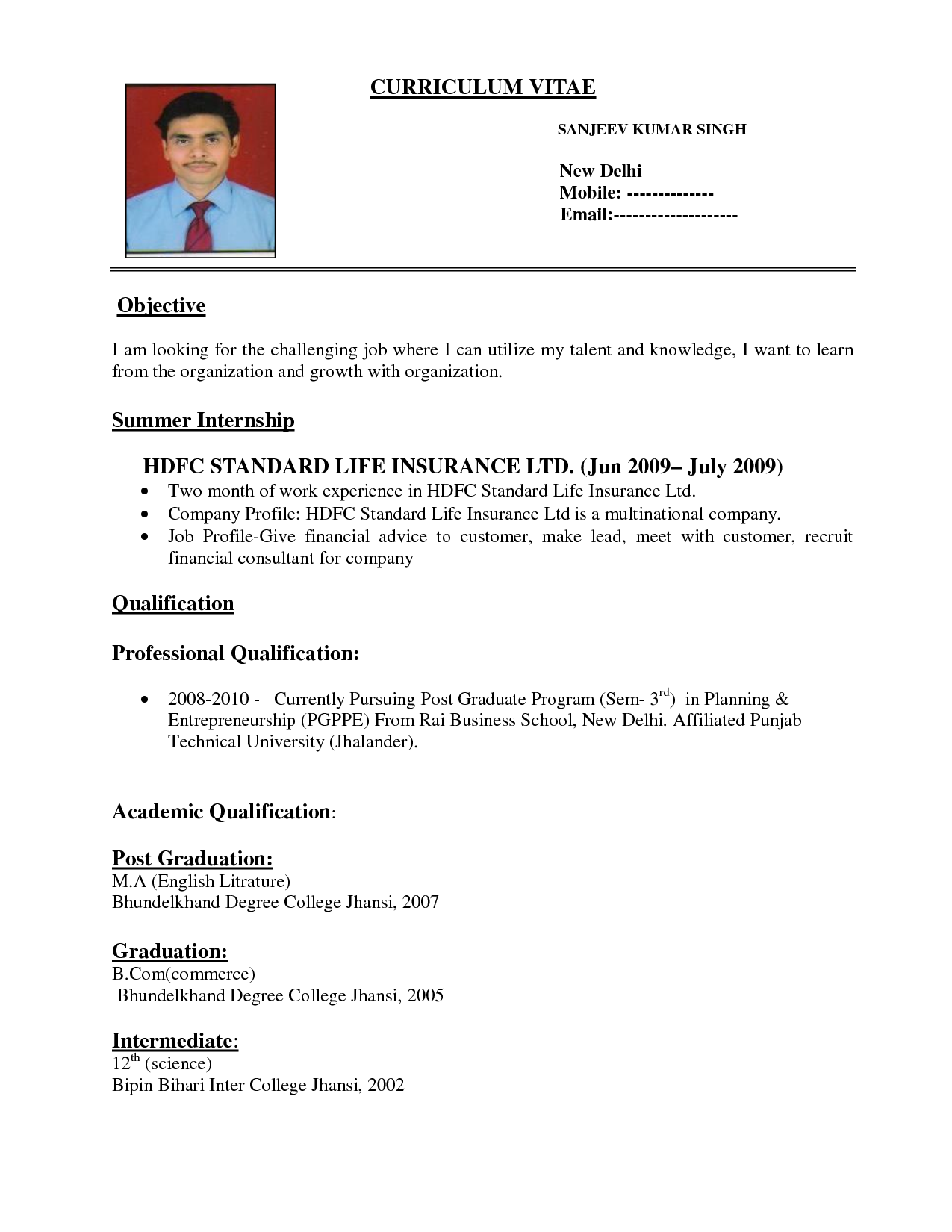 Resume Format for Insurance Job Seekers